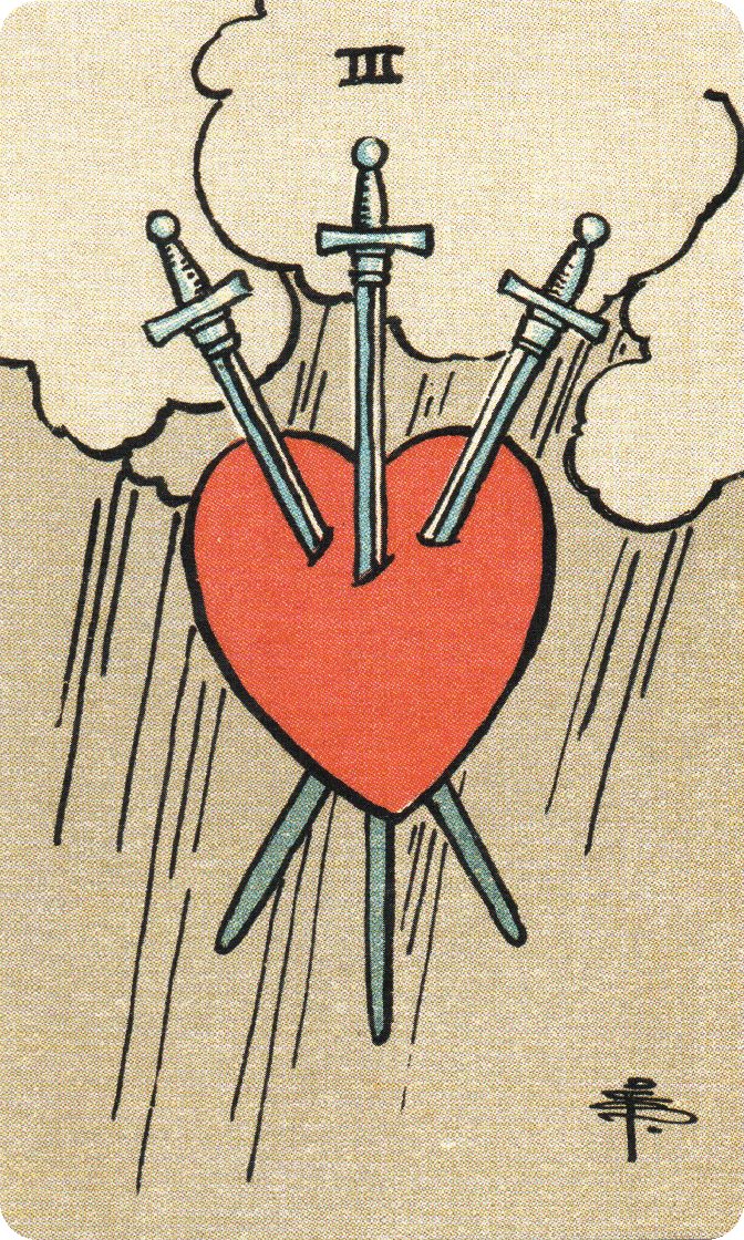 Three of Swords tarot card from a traditional public-domain deck