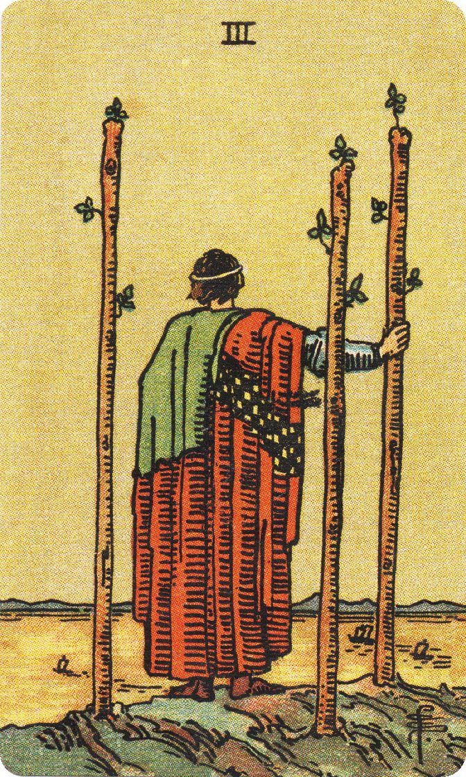 Three of Wands tarot card from a traditional public-domain deck