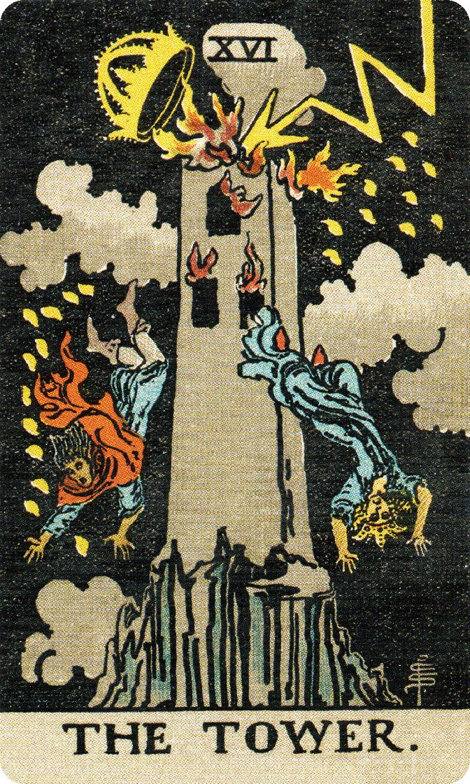 The Tower tarot card from a traditional public-domain deck