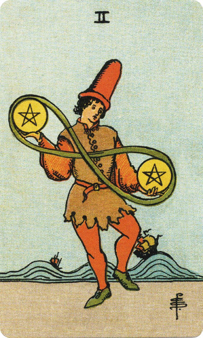 Two of Pentacles tarot card from a traditional public-domain deck
