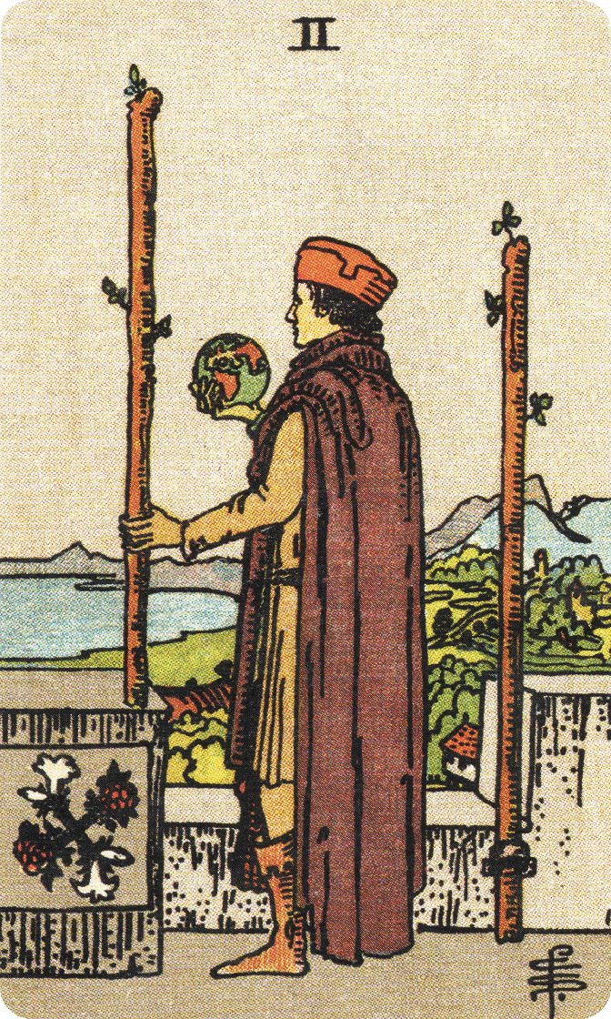 Two of Wands tarot card from a traditional public-domain deck